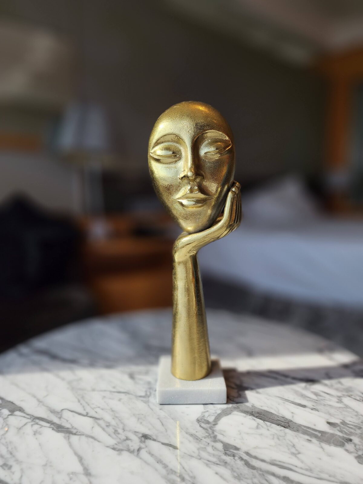 MODERN METAL ART FACE STATUE, THINKING LADY FACE FIGURINE | PREMIUM DESIGN GLOSSY SCULPTURE, INTERIOR DECORATIVE HANDICRAFT ITEMS |ROOM DECOR SHOWPIECES - GOLD & WHITE MARBLE BASE