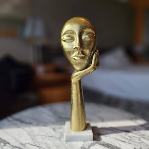 MODERN METAL ART FACE STATUE, THINKING LADY FACE FIGURINE | PREMIUM DESIGN GLOSSY SCULPTURE, INTERIOR DECORATIVE HANDICRAFT ITEMS |ROOM DECOR SHOWPIECES - GOLD & WHITE MARBLE BASE