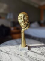 MODERN METAL ART FACE STATUE, THINKING LADY FACE FIGURINE | PREMIUM DESIGN GLOSSY SCULPTURE, INTERIOR DECORATIVE HANDICRAFT ITEMS |ROOM DECOR SHOWPIECES - GOLD & WHITE MARBLE BASE