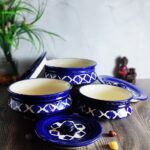 CERAMIC HANDI SET WITH LID, BLUE WHITE HAND PAINTED CASSEROLE SET | BIRYANI/RICE POT FOR SERVING DAL, CURRY | CURD - DAHI HANDI, SET OF 3 | 1250 ML, 900 ML, 600 ML (MICROWAVE SAFE)