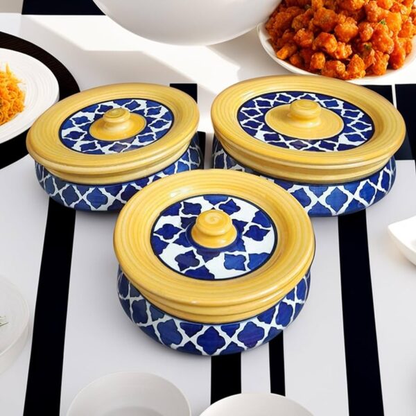 CERAMIC HANDI SET WITH LID, BLUE WHITE HAND PAINTED CASSEROLE SET | BIRYANI/RICE POT FOR SERVING DAL, CURRY | CURD - DAHI HANDI, SET OF 3 | 1250 ML, 900 ML, 600 ML (MICROWAVE SAFE)