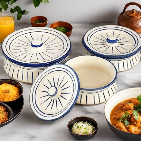 CERAMIC HANDI SET WITH LID, GREY WHITE HAND PAINTED CASSEROLE SET | BIRYANI/RICE POT FOR SERVING DAL, CURRY | CURD - DAHI HANDI, SET OF 3 | 1250 ML, 900 ML, 600 ML (MICROWAVE SAFE)