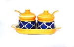 CERAMIC JAR SET | SMALL SIZE 200ML EACH | MULTIPURPOSE JAR | DINING TABLE JAR | PICKLE & HONEY JAR | MOUTH FRESHENER | 2 JAR WITH LID 2 SPOON 1 TRAY | SET OF 1 | (BLUE YELLOW