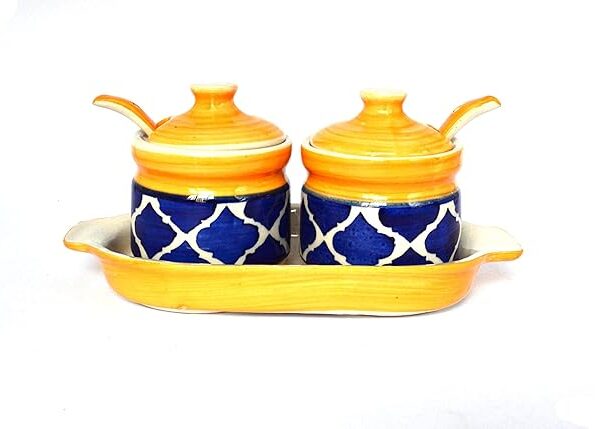 CERAMIC JAR SET | SMALL SIZE 200ML EACH | MULTIPURPOSE JAR | DINING TABLE JAR | PICKLE & HONEY JAR | MOUTH FRESHENER | 2 JAR WITH LID 2 SPOON 1 TRAY | SET OF 1 | (BLUE YELLOW