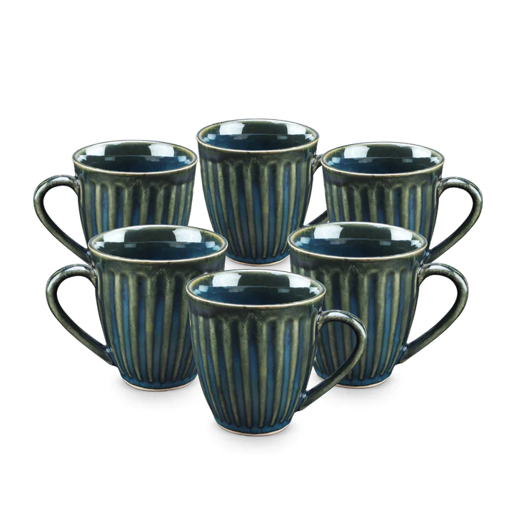 SEA/DARK GREEN CERAMIC SERVING COFFEE MUG TEA CUP - 300 ML, SET OF 6